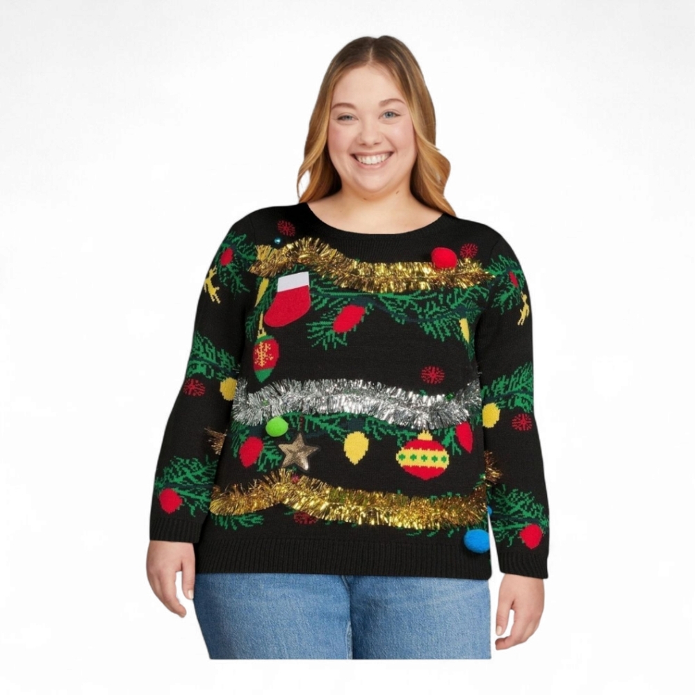No Boundaries Christmas Tree Ugly Sweater XXL Pullover Black Jingle Bells Tinsel